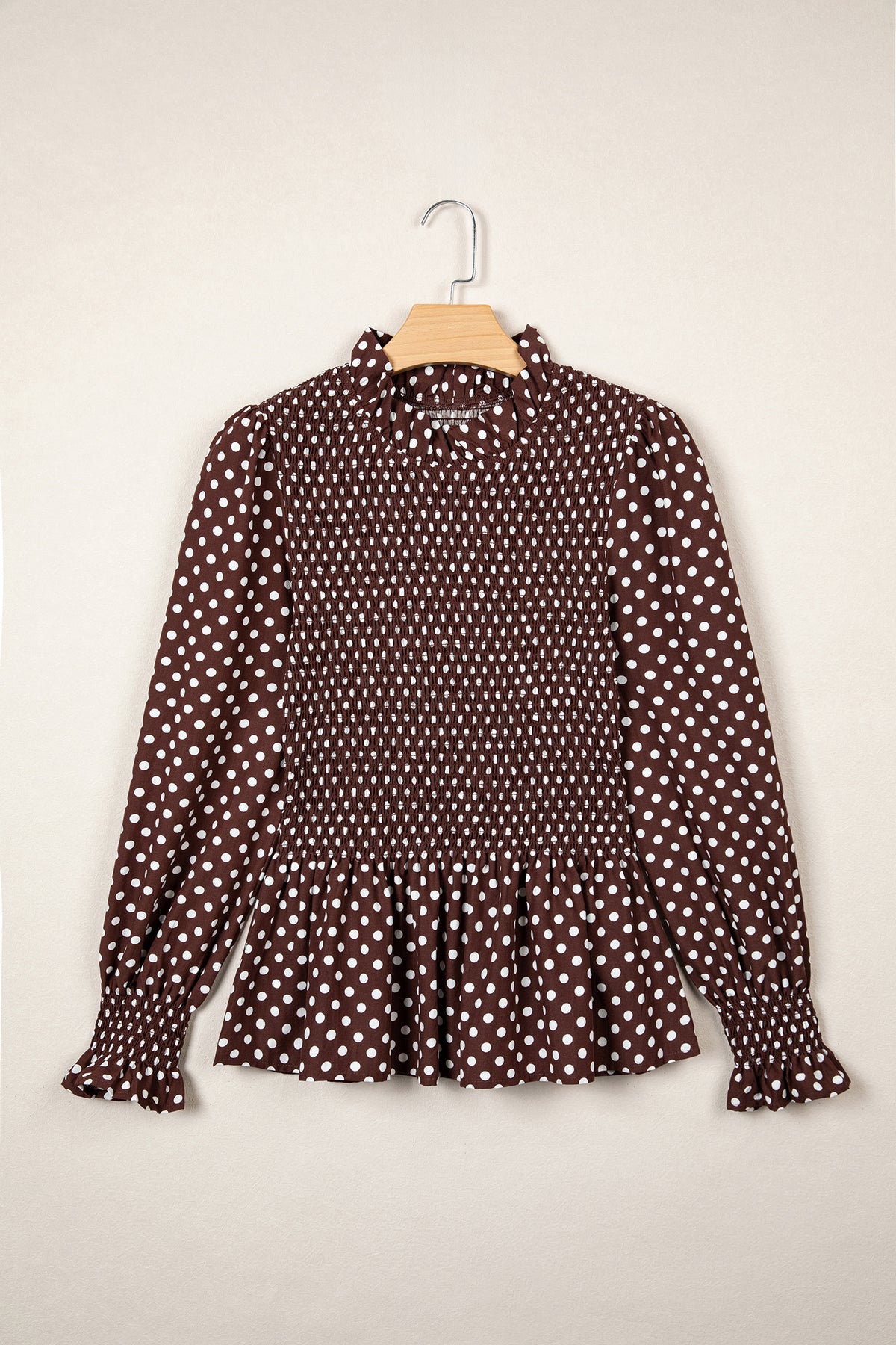 Brown Polka Dot Ruffled High Neck Shirred Ruffle Hem Blouse Online Only