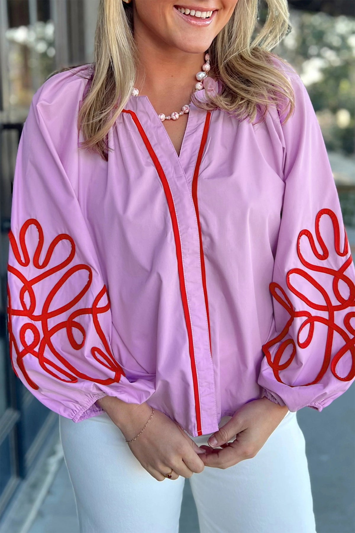 Orchid Bouquet Contrast Detail Long Sleeve Decorative Neckline Cotton Blouse Online Only