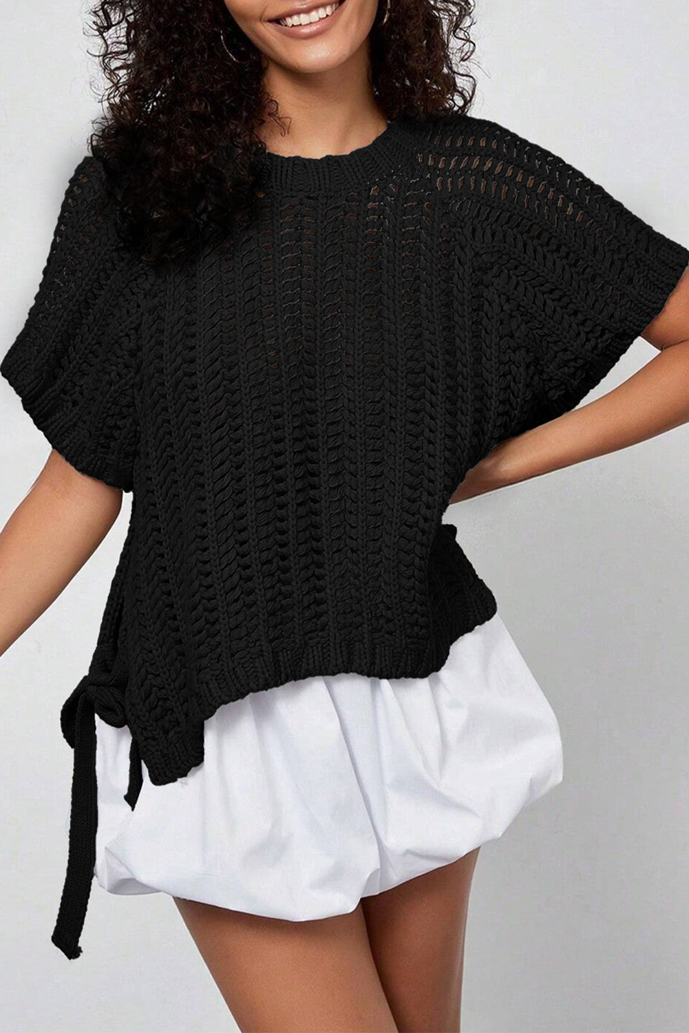 Apricot Plus Size Open Knit Bow Tie Short Sleeve Sweater Online Only