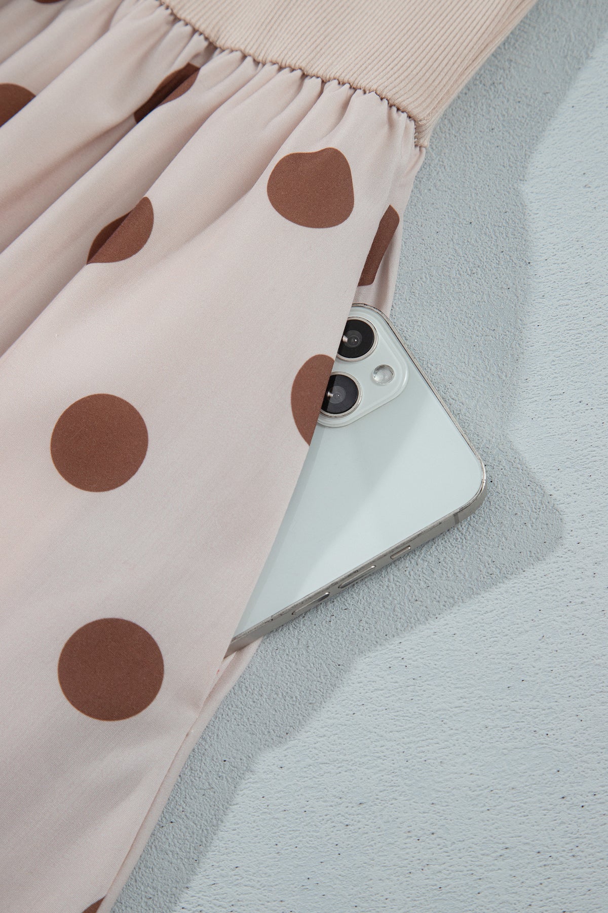 Beige Polka Dot Midi Long Sleeve Dress Online Only