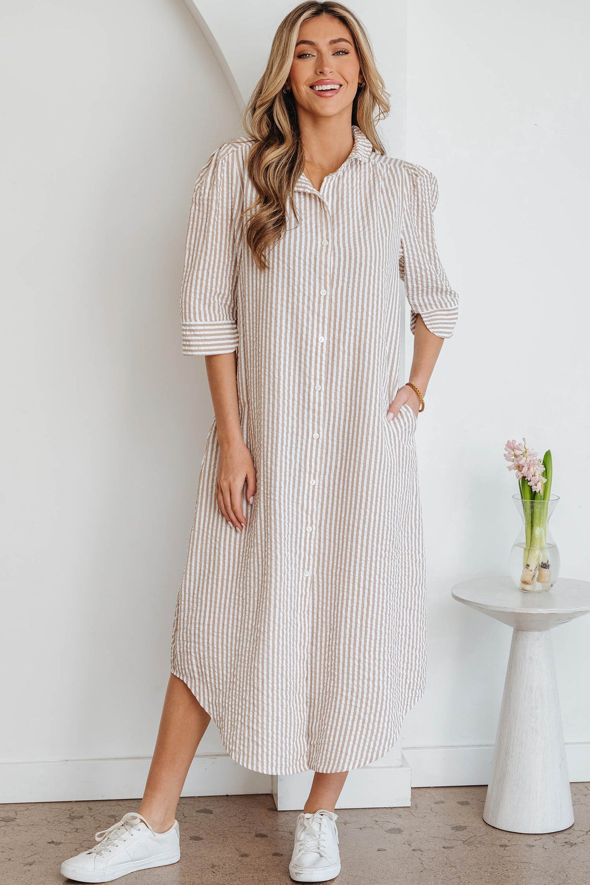 Khaki Stripe Frilled Collar Half Sleeve Shirt Maxi Dress Online Only
