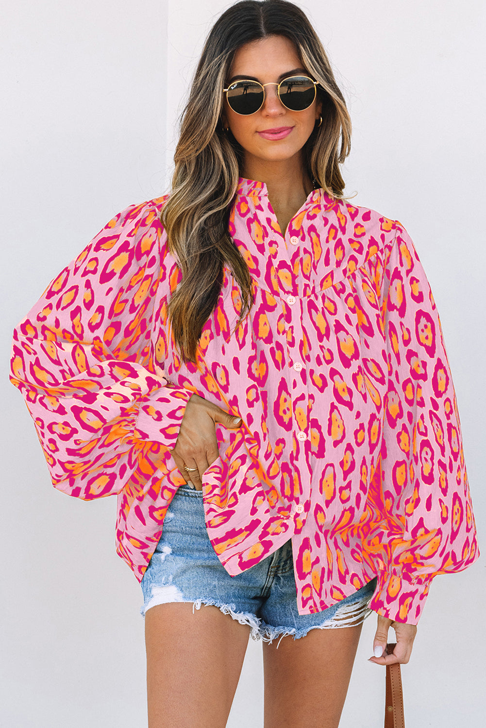 Jet Stream Oversized Leopard Print Balloon Sleeve Casual Shirt Online Only