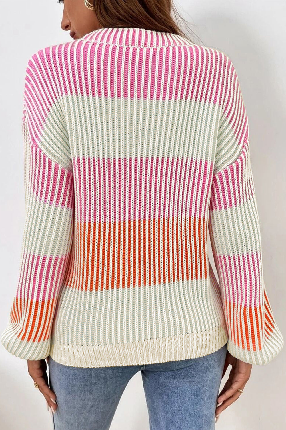 Pink Colorblock Textured Knit Bubble Sleeve Sweater Online Only