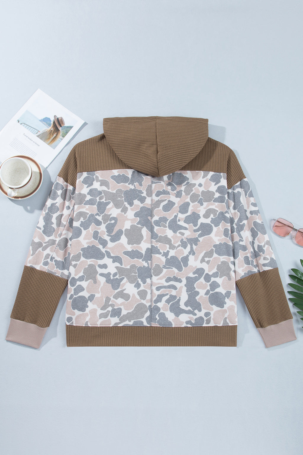 Khaki Camouflage Print Waffle Knit Patchwork Half Zip Plus Size Hoodie Online Only