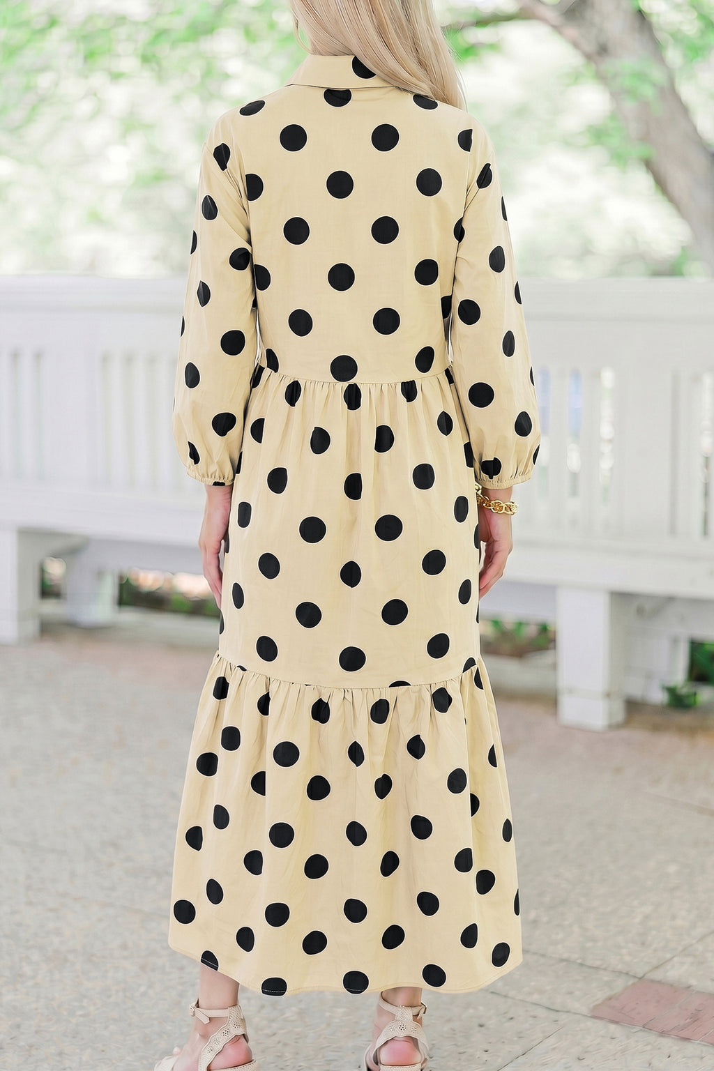 Brown Polka Dot Button Front Long Sleeve Shift Dress Online Only