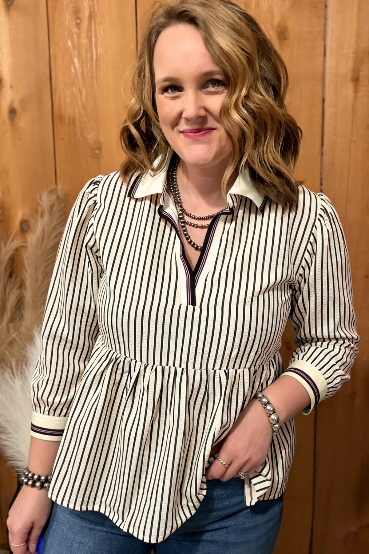 Black Stripe Patchwork Striped V Neck Tunic Plus Size Blouse Online Only