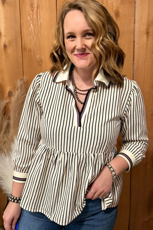 Black Stripe Patchwork Striped V Neck Tunic Plus Size Blouse Online Only