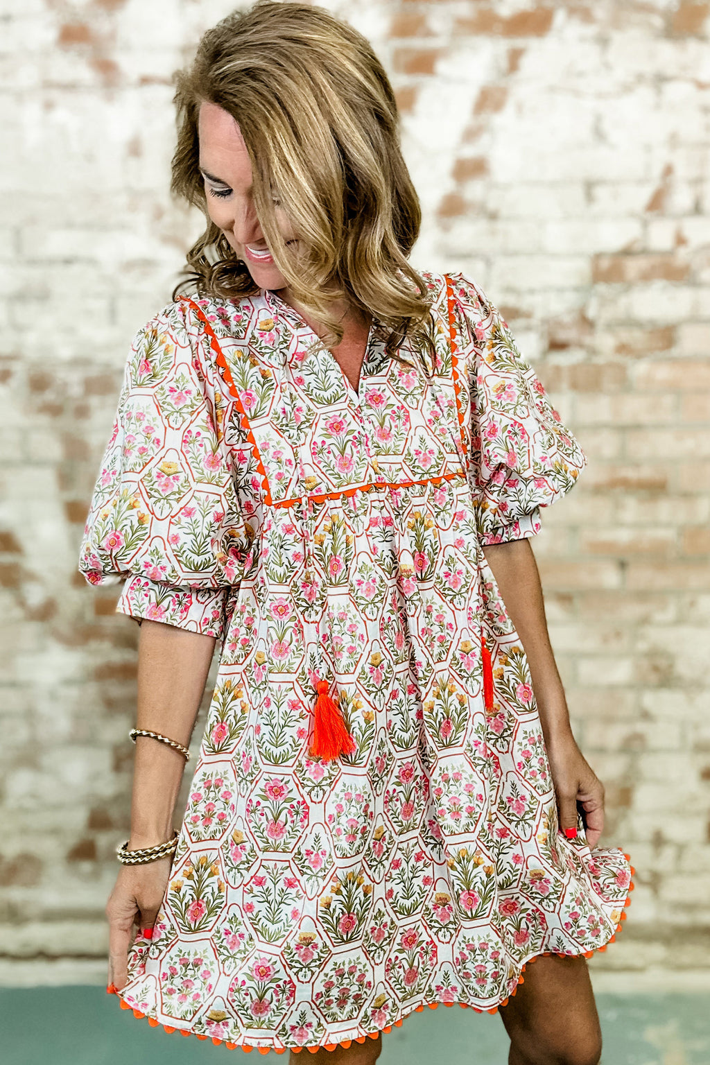 Pink Floral Print Tassel Tie V Neck Scalloped Detail Loose Mini Dress Online Only