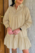 Brown Stripe Collared Neck Cuffed Long Sleeve Drop Waist Mini Dress Online Only
