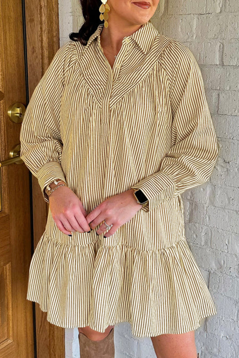 Brown Stripe Collared Neck Cuffed Long Sleeve Drop Waist Mini Dress Online Only