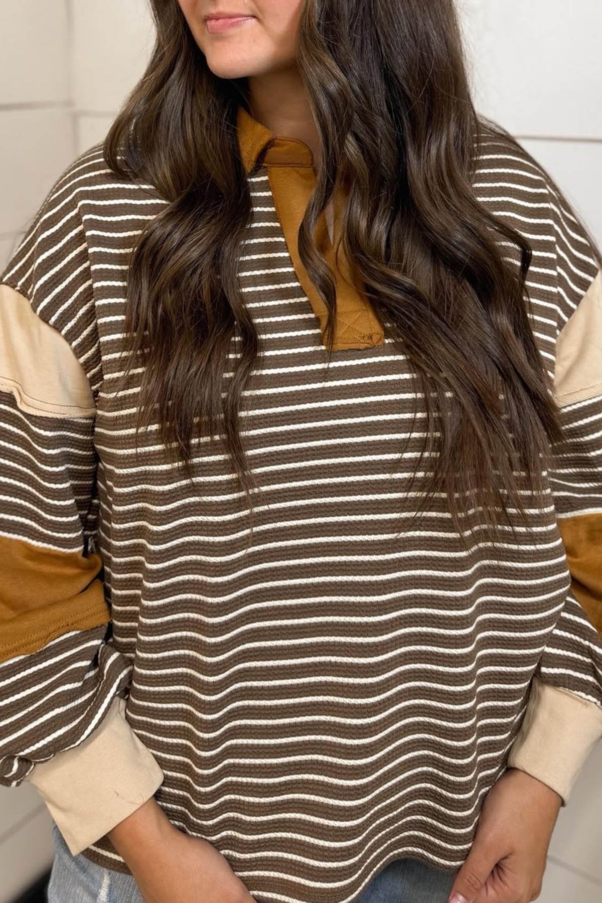 Brown Stripe Colorblock Detail Collar V Neck Plus Size Long Sleeve Top Online Only