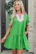 Bright Green Color Block Detail Split Neck Short Puff Sleeve Ruffle Hem Mini Dress Online Only