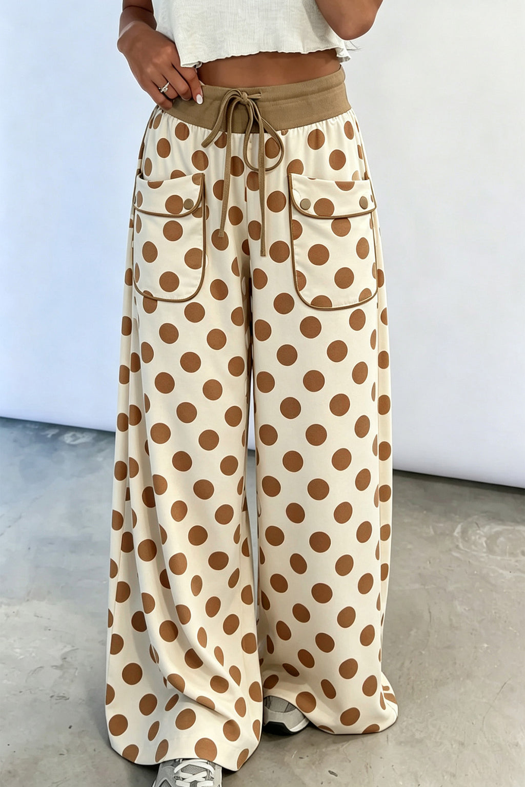 Khaki Polka Dot Drawstring Pocket Wide Leg Pants Online Only