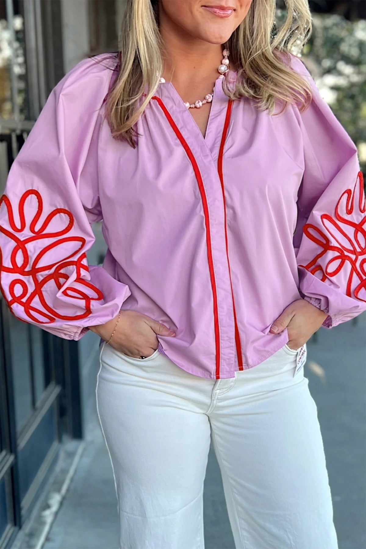 Orchid Bouquet Contrast Detail Long Sleeve Decorative Neckline Cotton Blouse Online Only