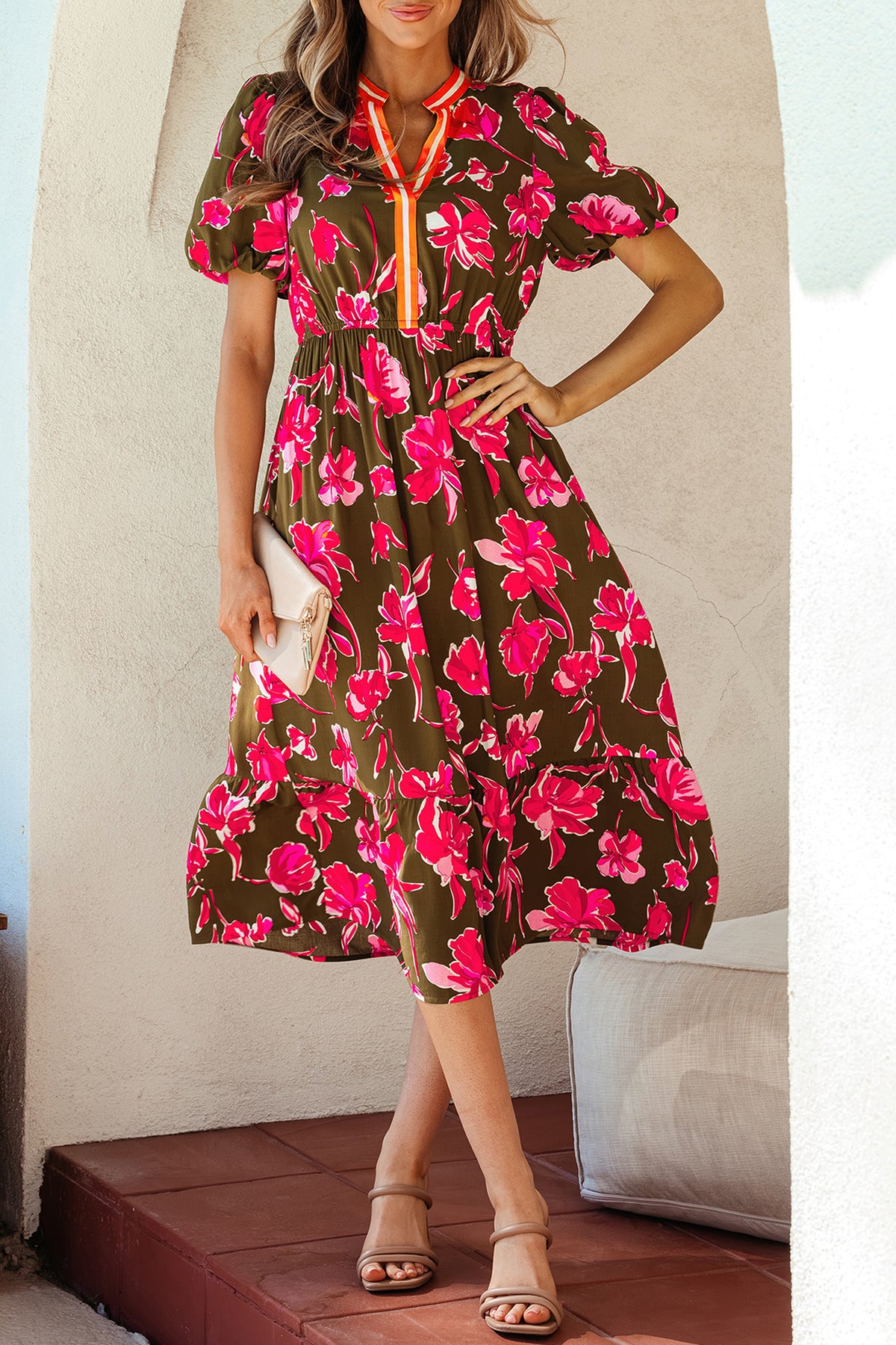 Green Floral Print Striped Trim Split Neck Short Puff Sleeve Ruffle Hem Maxi Dress Online Only