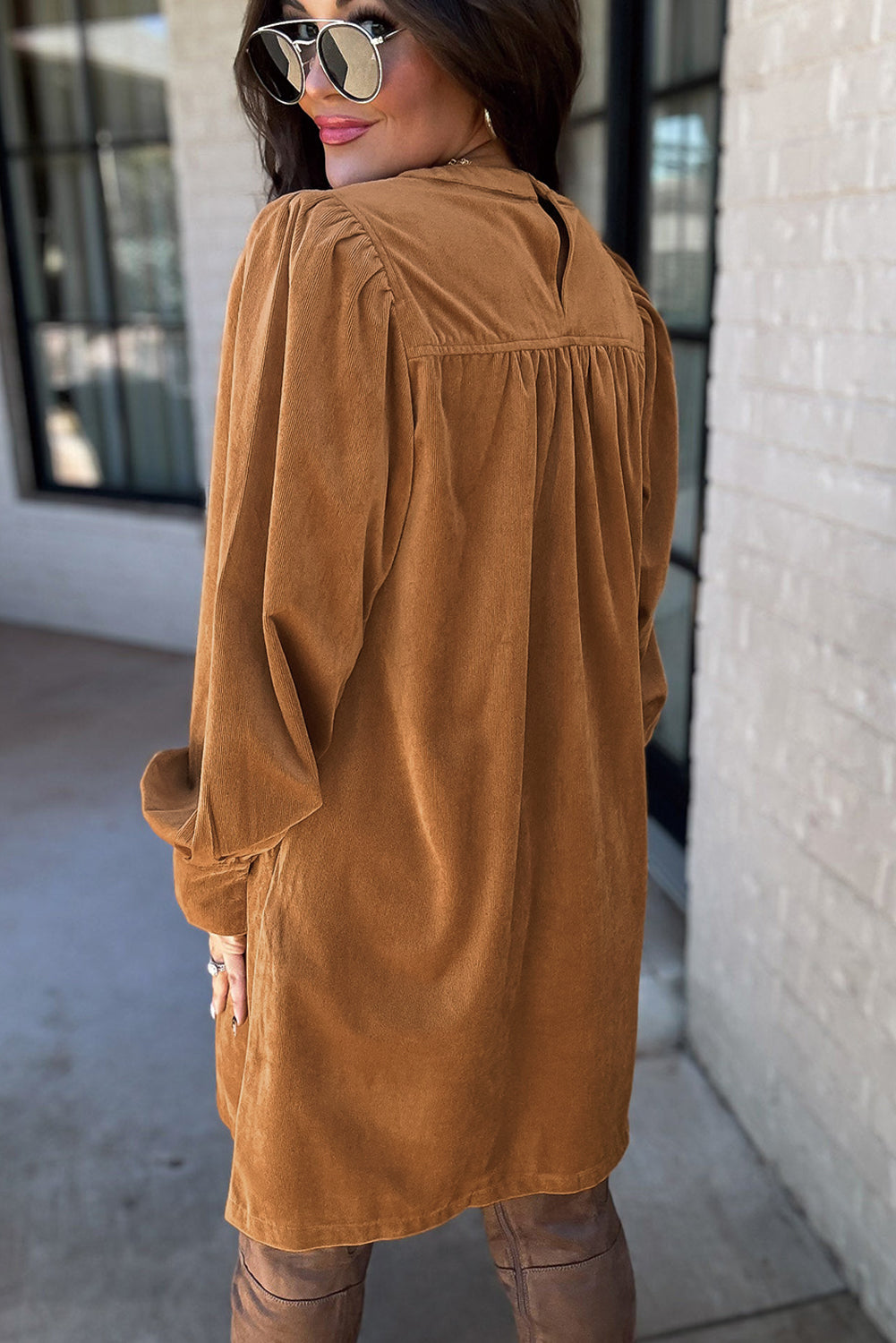 Desert Gold Corduroy Pleated Puff Sleeve Shift Short Dress Online Only
