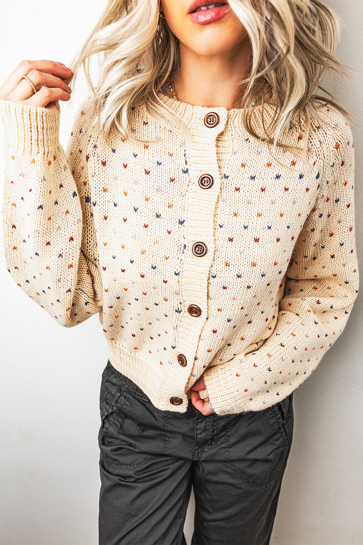 Beige Geometric Print Button Front Long Sleeve Regular Fit Cardigan Online Only