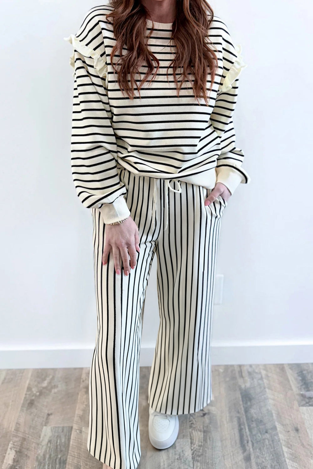 White Stripe Ruffle Trim Drop Shoulder Top Drawstring Loose Pant Set Online Only