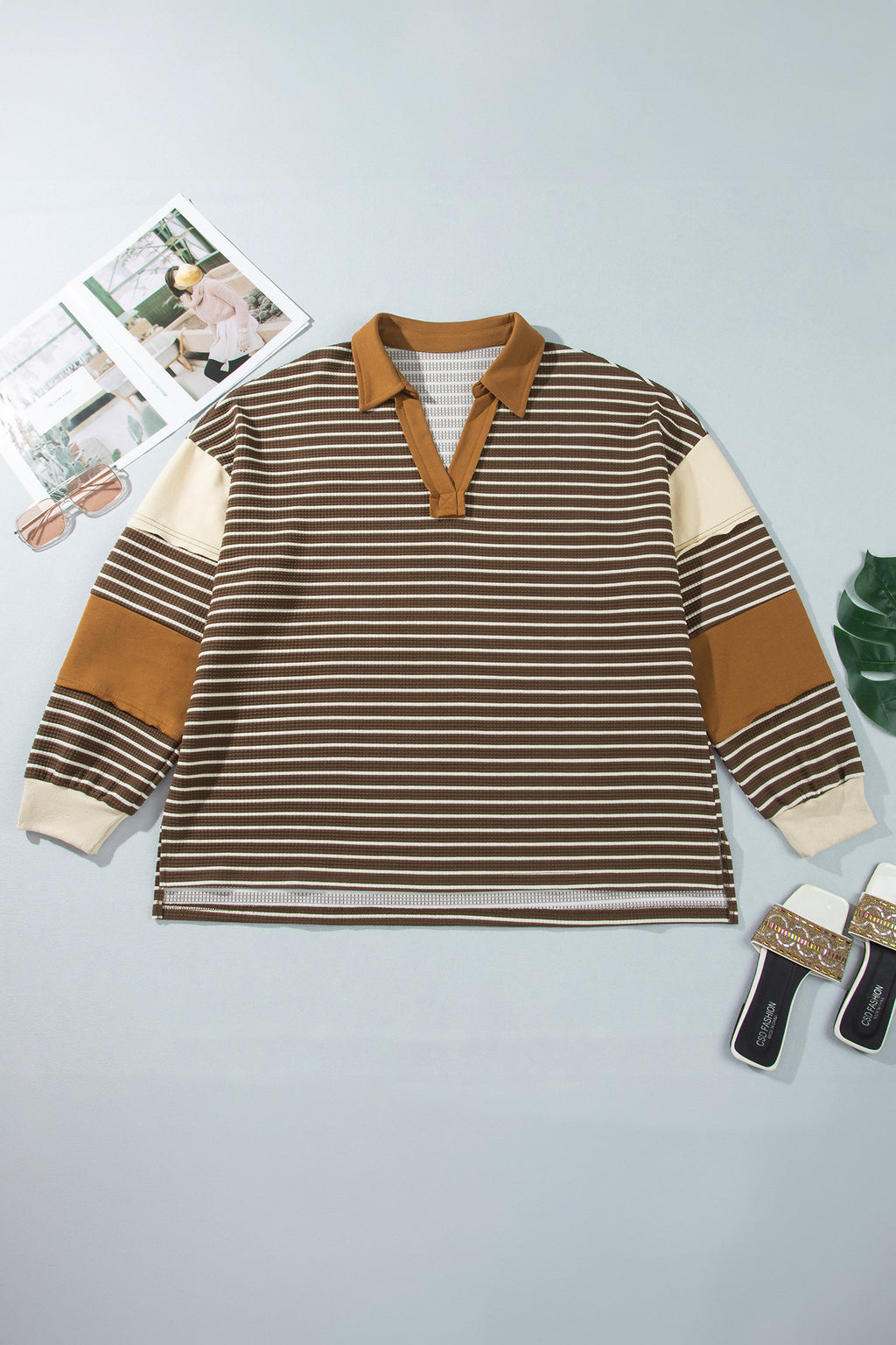 Brown Stripe Colorblock Detail Collar V Neck Plus Size Long Sleeve Top Online Only