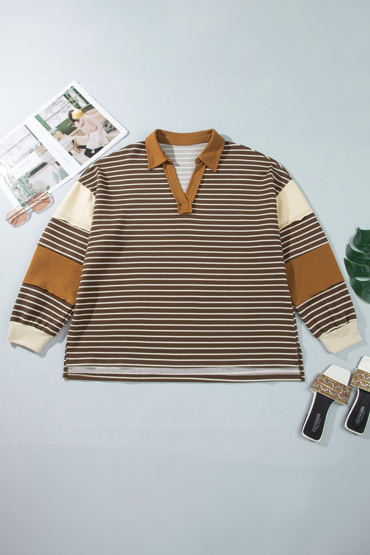 Brown Stripe Colorblock Detail Collar V Neck Plus Size Long Sleeve Top Online Only