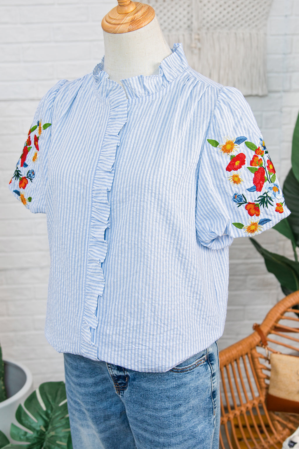 Sky Blue Stripe Floral Embroidered Puff Sleeve Ruffle Trim Shirt Online Only