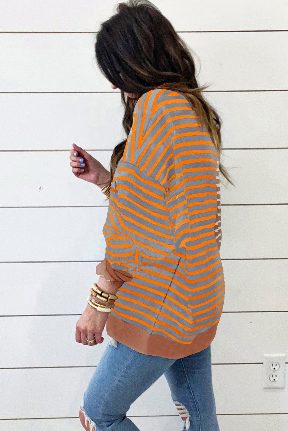 Brown Stripe Casual Stripe Colorblock Drop Shoulder Oversize Sweatshirt Online Only