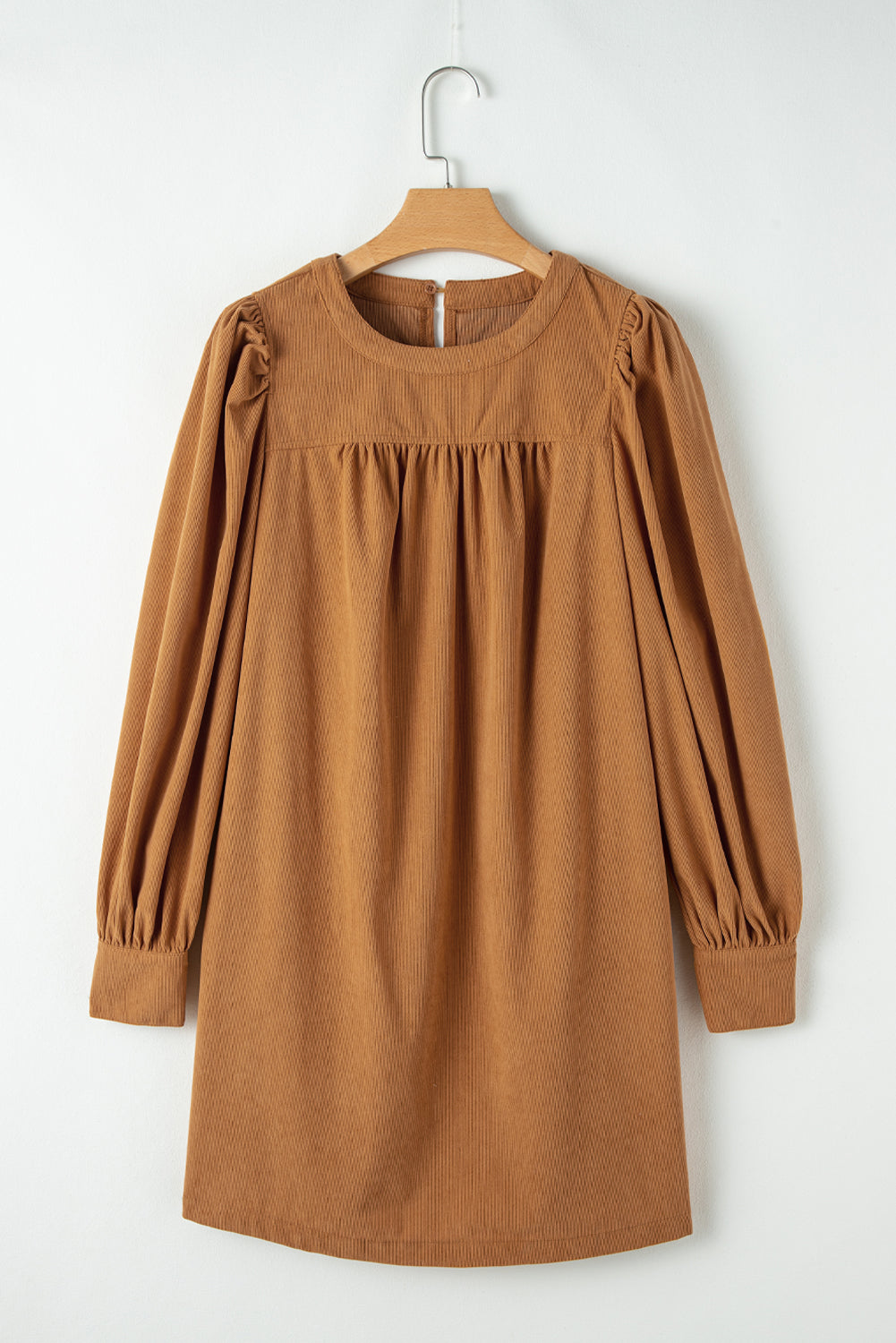 Desert Gold Corduroy Pleated Puff Sleeve Shift Short Dress Online Only