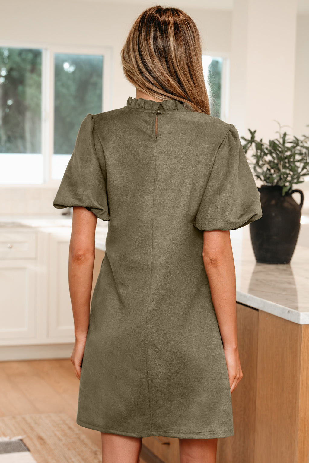 Moss Green Frilled Round Neck Short Puff Sleeve Shift Mini Dress Online Only