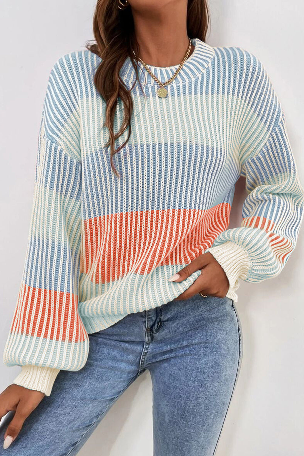 Pink Colorblock Textured Knit Bubble Sleeve Sweater Online Only