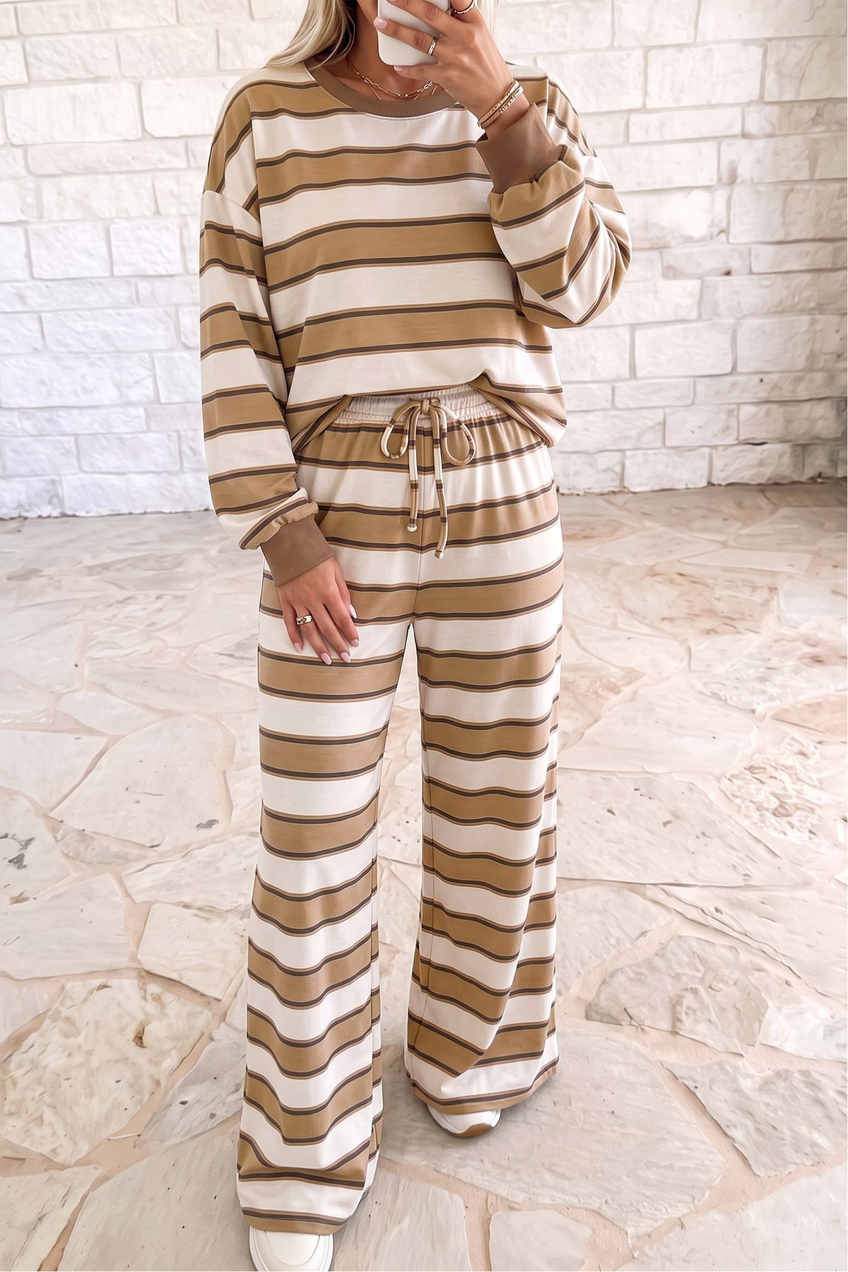Khaki Stripe Contrast Trim Patchwork Casual Two-Piece Pants Set Online Only