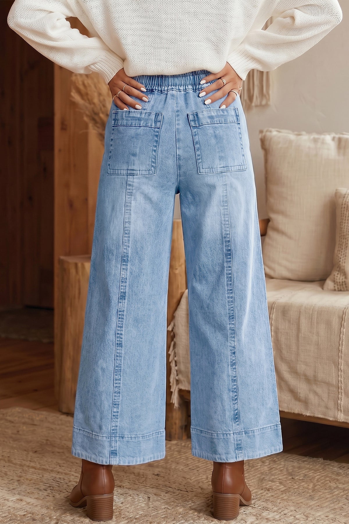 Beau Blue Drawstring Waist Wide Leg Ankle Length Jeans Online Only