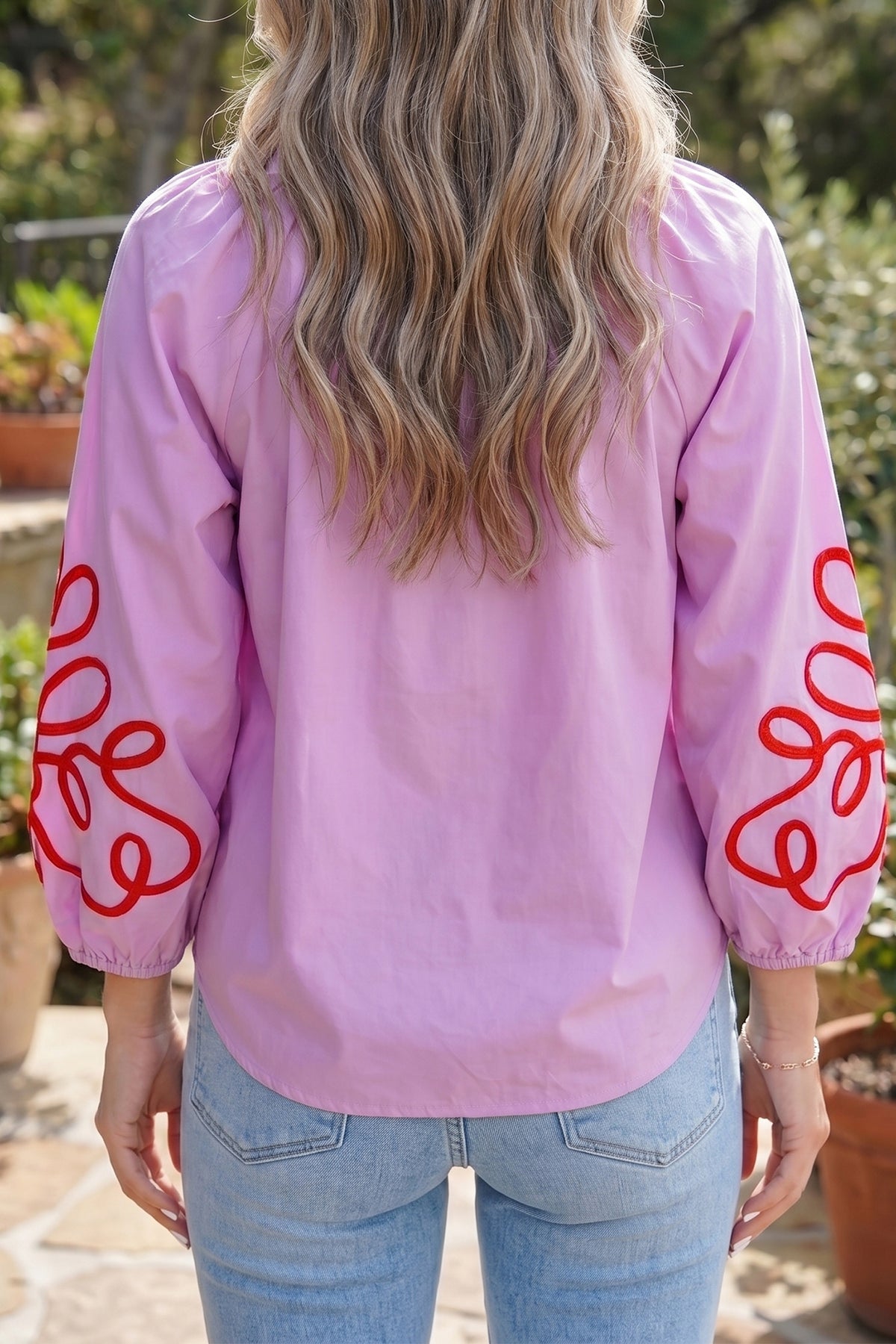 Orchid Bouquet Contrast Detail Long Sleeve Decorative Neckline Cotton Blouse Online Only