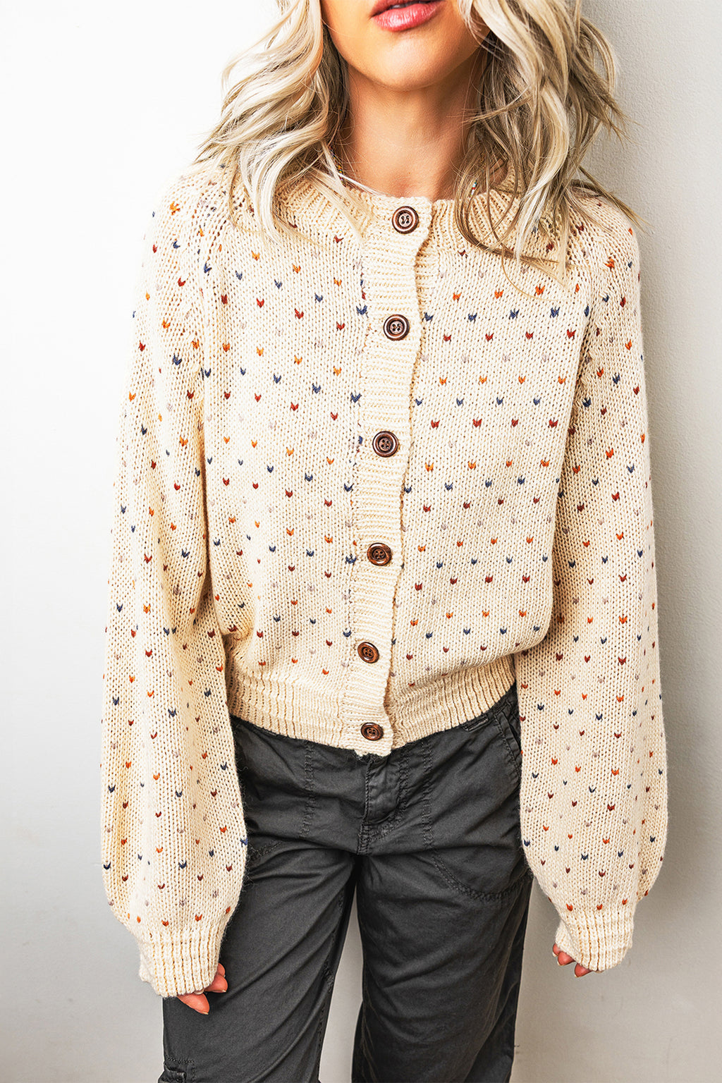 Beige Geometric Print Button Front Long Sleeve Regular Fit Cardigan Online Only