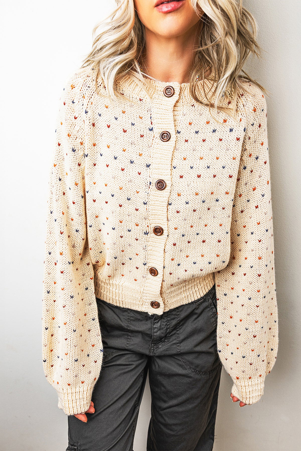 Beige Geometric Print Button Front Long Sleeve Regular Fit Cardigan Online Only