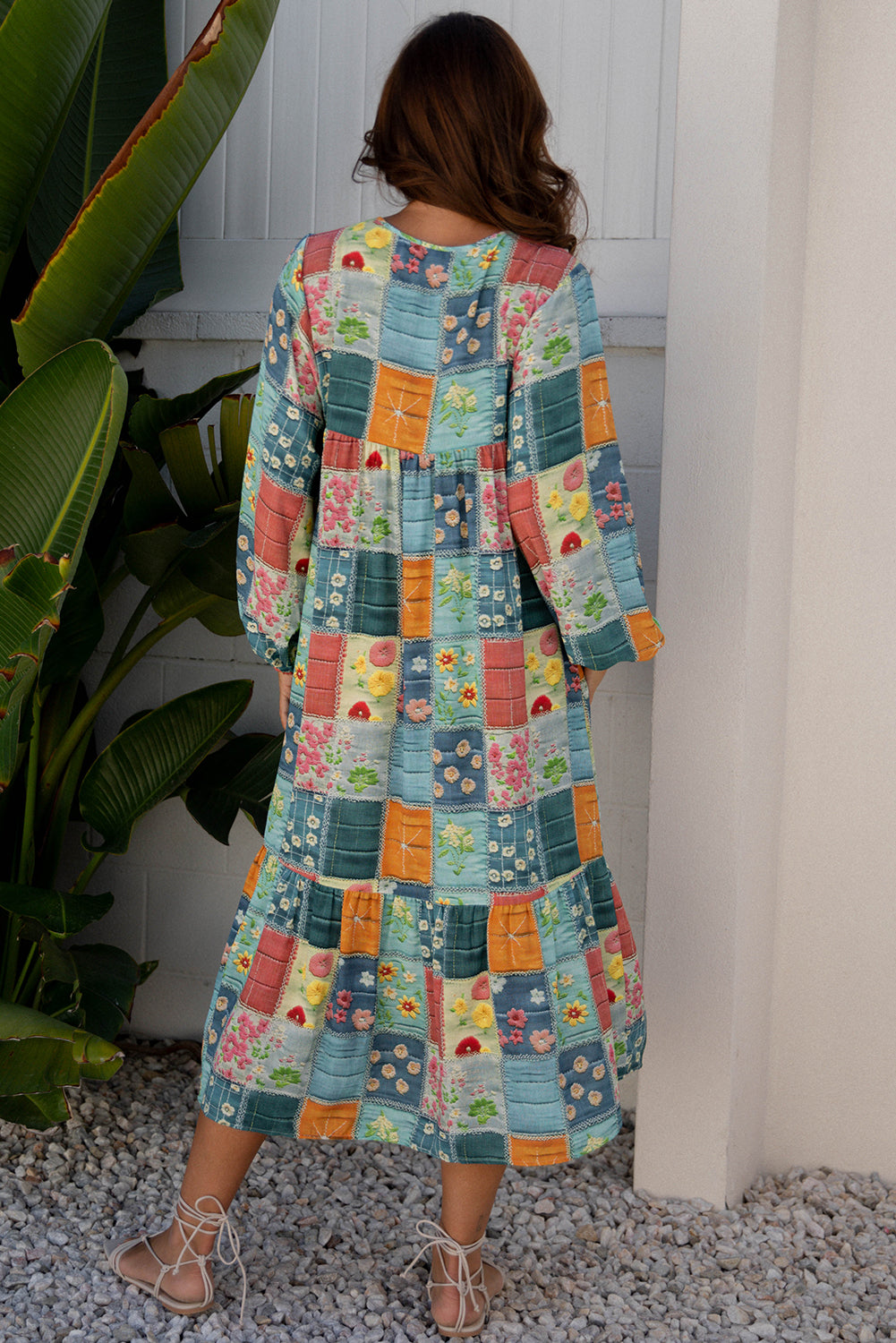 Sky Blue Mix Floral Checkered Pattern Bubble Sleeve Ruffle Hem Dress Online Only