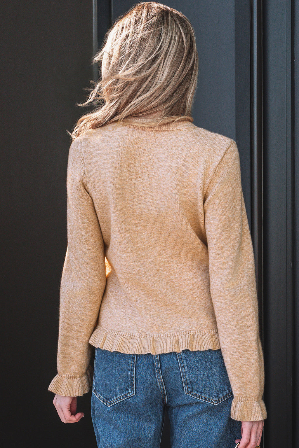 Oatmeal Ruffle Trim Gold Button Sweater Cardigan Online Only