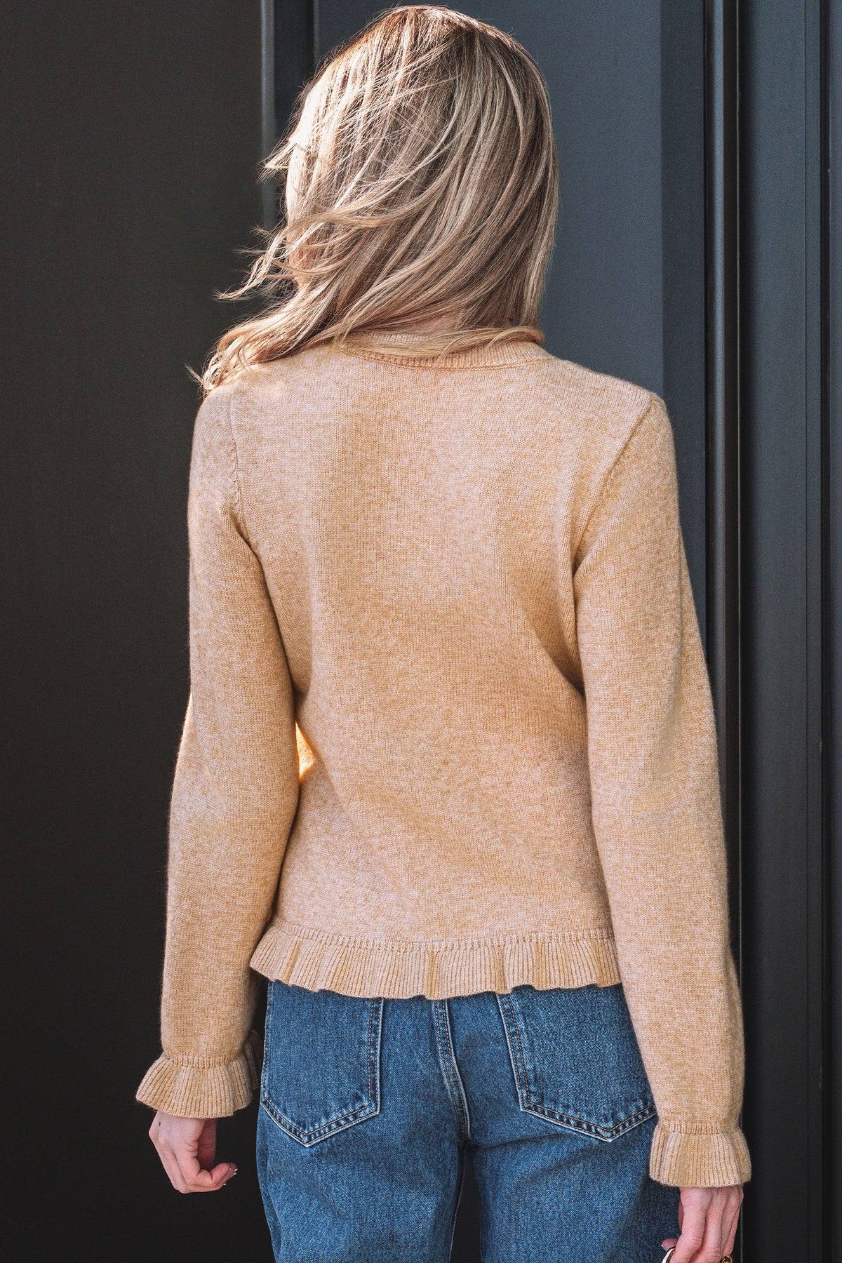 Oatmeal Ruffle Trim Gold Button Sweater Cardigan Online Only