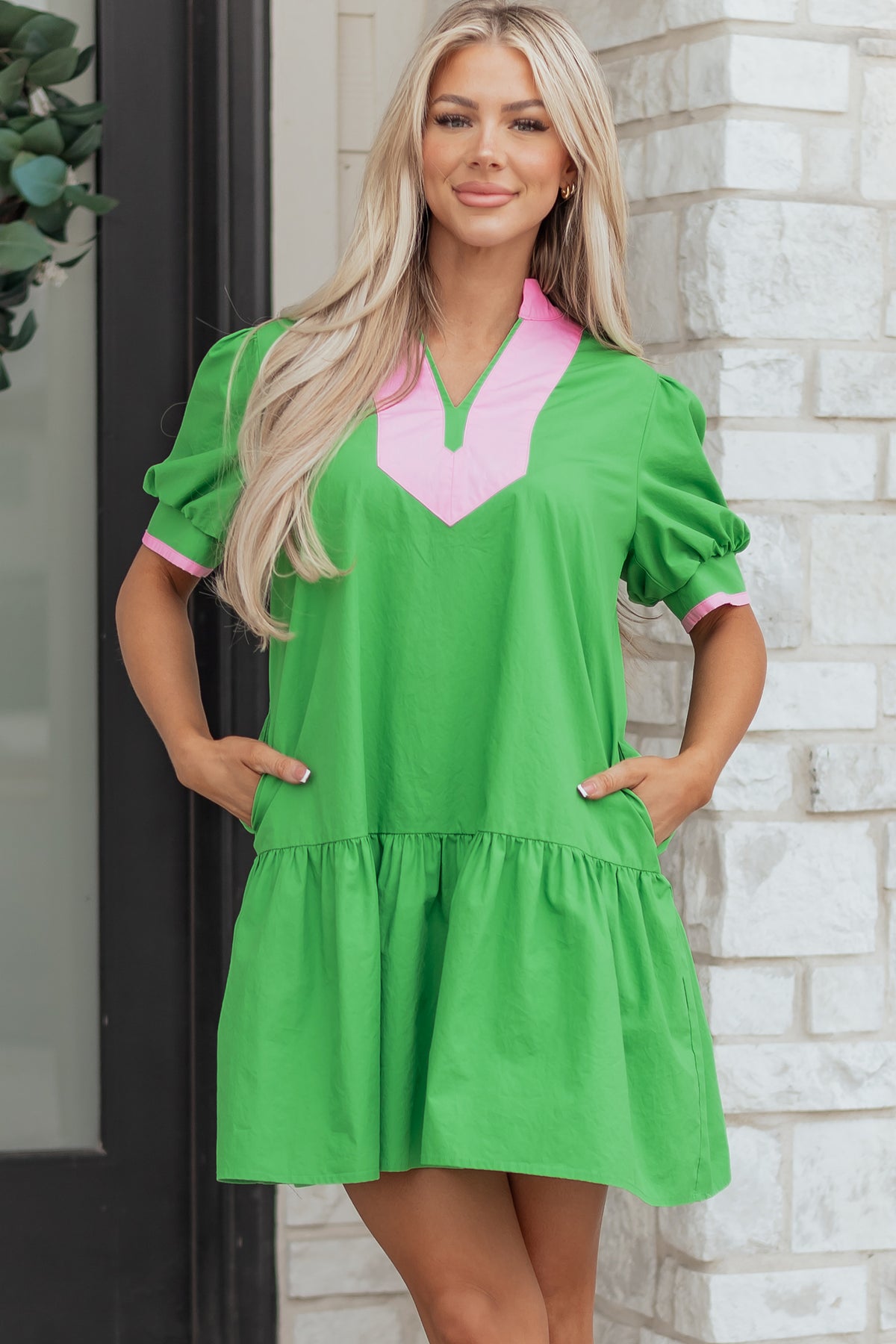 Bright Green Color Block Detail Split Neck Short Puff Sleeve Ruffle Hem Mini Dress Online Only
