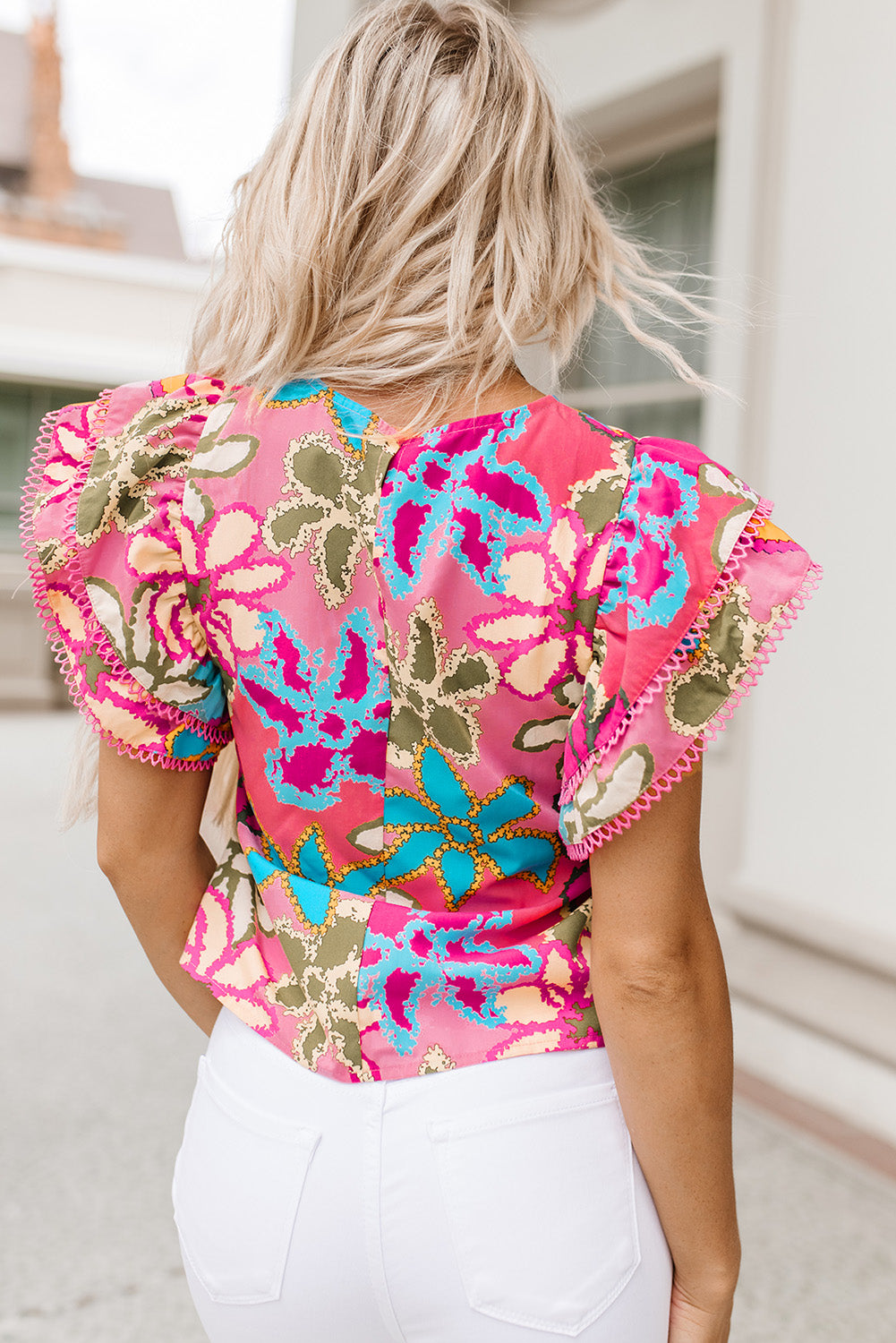 Multicolor Vibrant Floral Print Trimmed Ruffle Sleeve Blouse Online Only