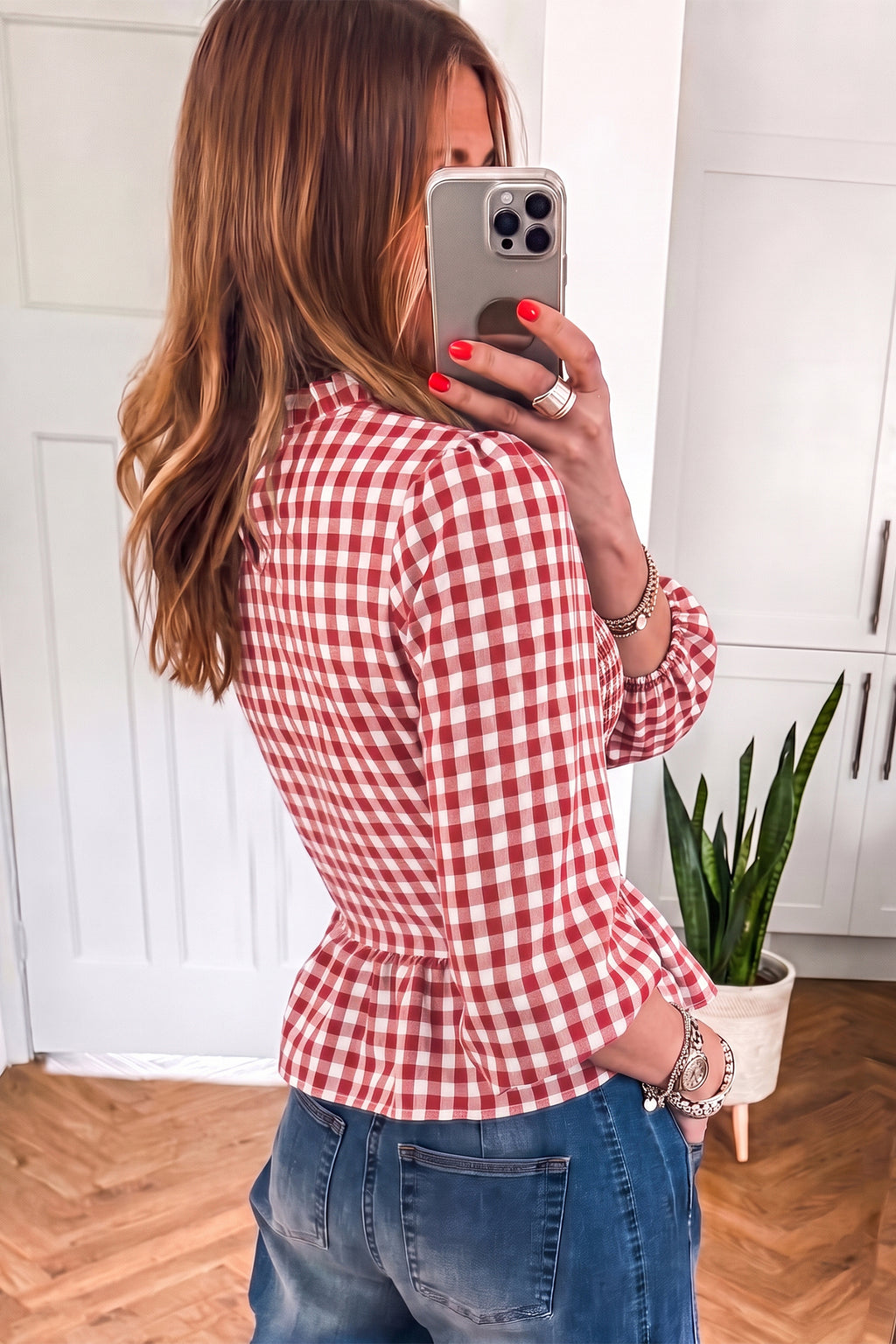 Red, Brown, & Green 3/4 Sleeve Shirred Plaid Peplum Top Online Only