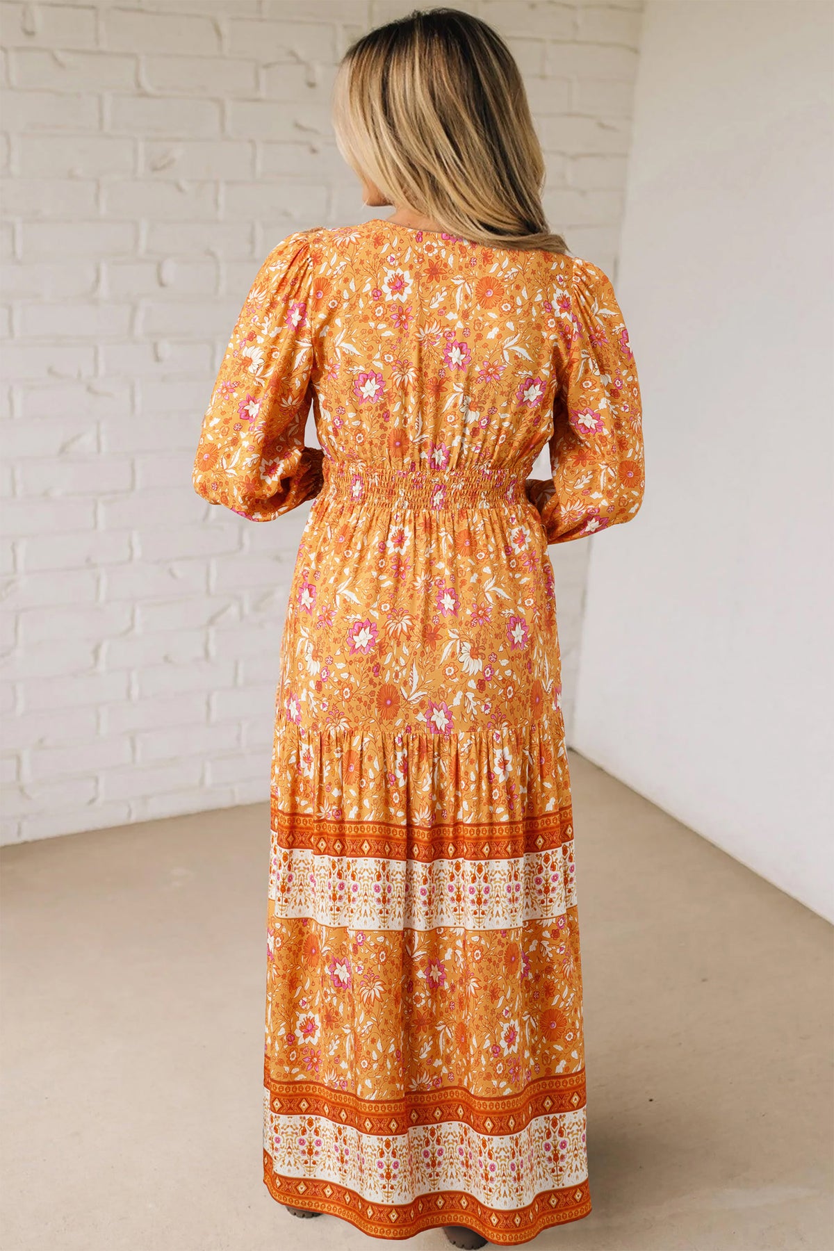 Orange Floral Print Smocked Waist Long Sleeve Boho Maxi Dress Online Only