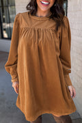Desert Gold Corduroy Pleated Puff Sleeve Shift Short Dress Online Only