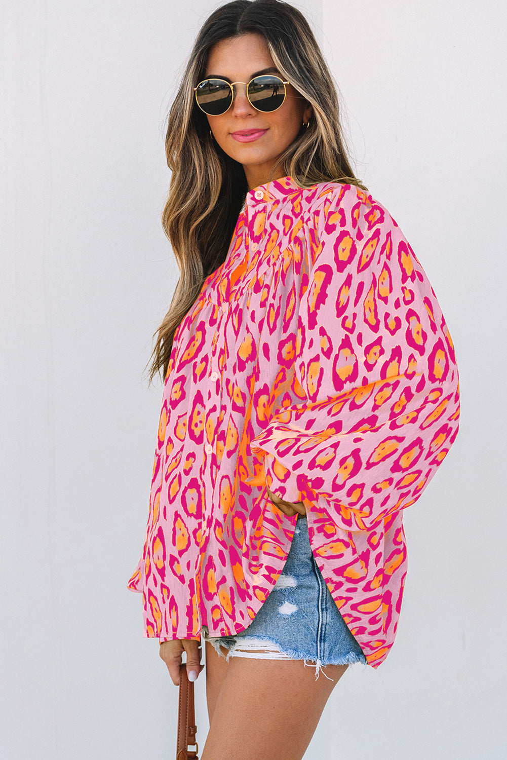 Jet Stream Oversized Leopard Print Balloon Sleeve Casual Shirt Online Only