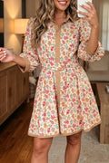 Orange Floral Print Color Block Trim Button Down 3/4 Sleeve Belted Mini Dress- Online Only