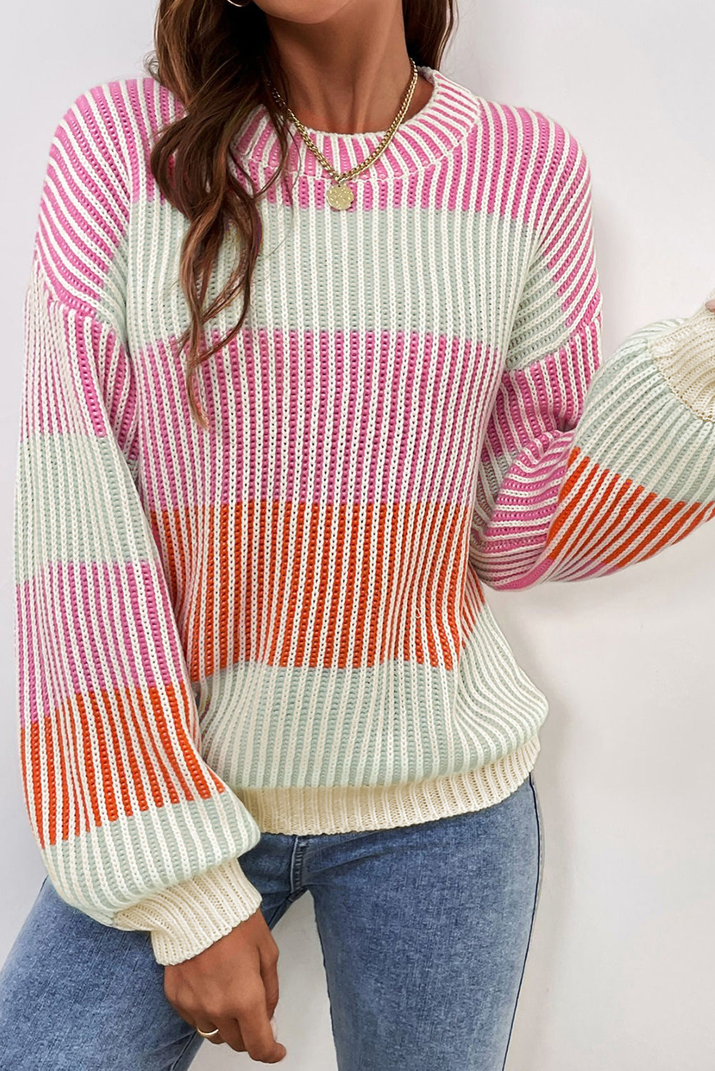 Pink Colorblock Textured Knit Bubble Sleeve Sweater Online Only