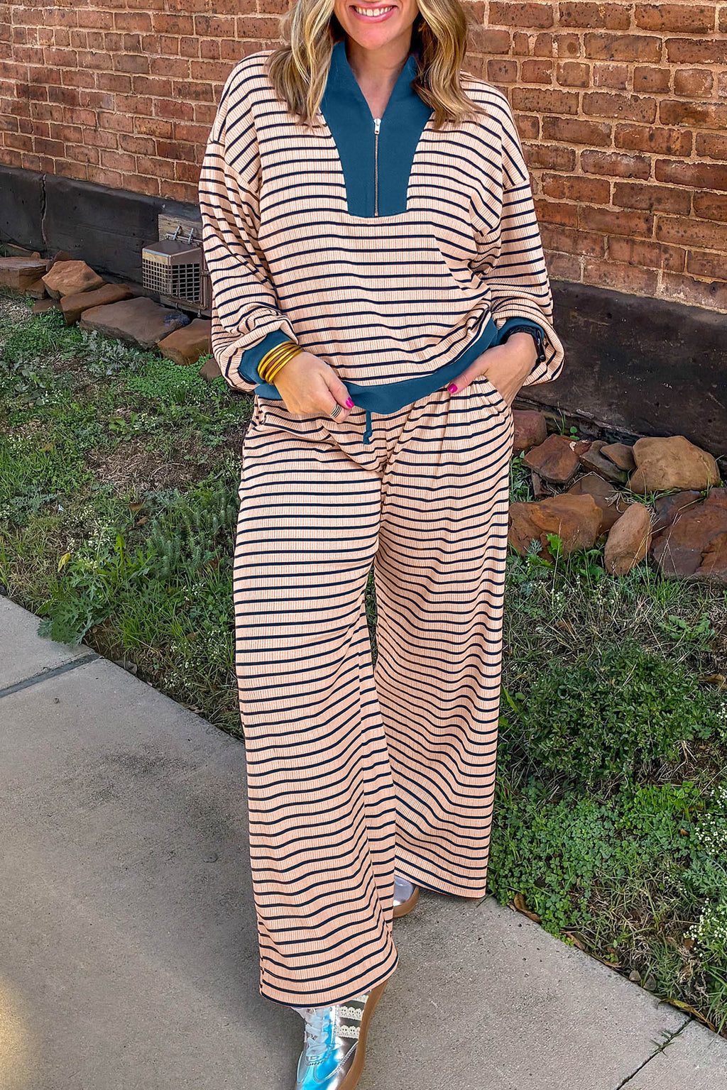 Pink Stripe Striped Colorblock V Neck Long Sleeve Plus Size Set Online Only