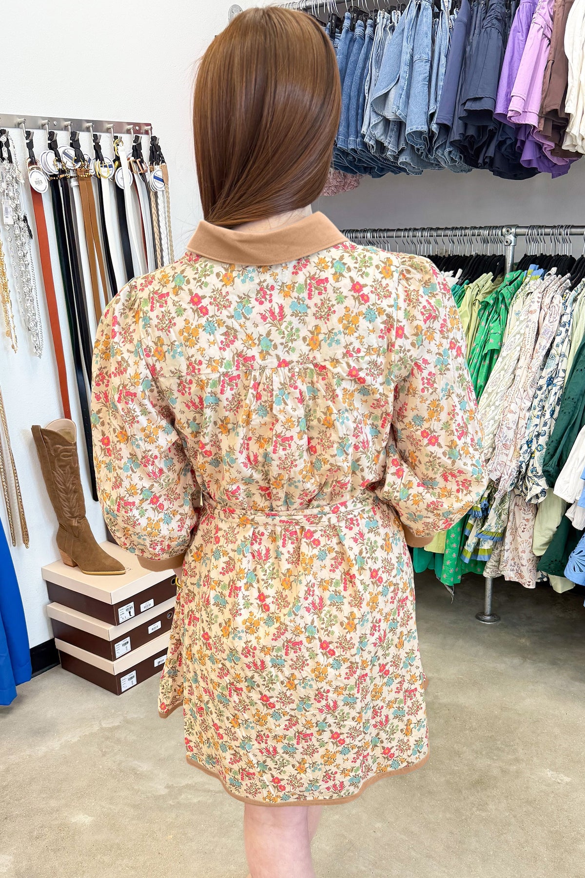Orange Floral Print Color Block Trim Button Down 3/4 Sleeve Belted Mini Dress- Online Only