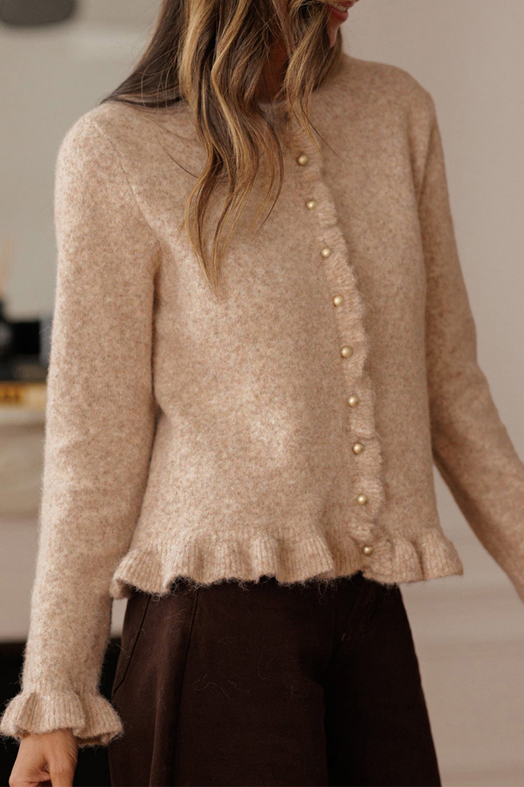 Oatmeal Ruffle Trim Gold Button Sweater Cardigan Online Only