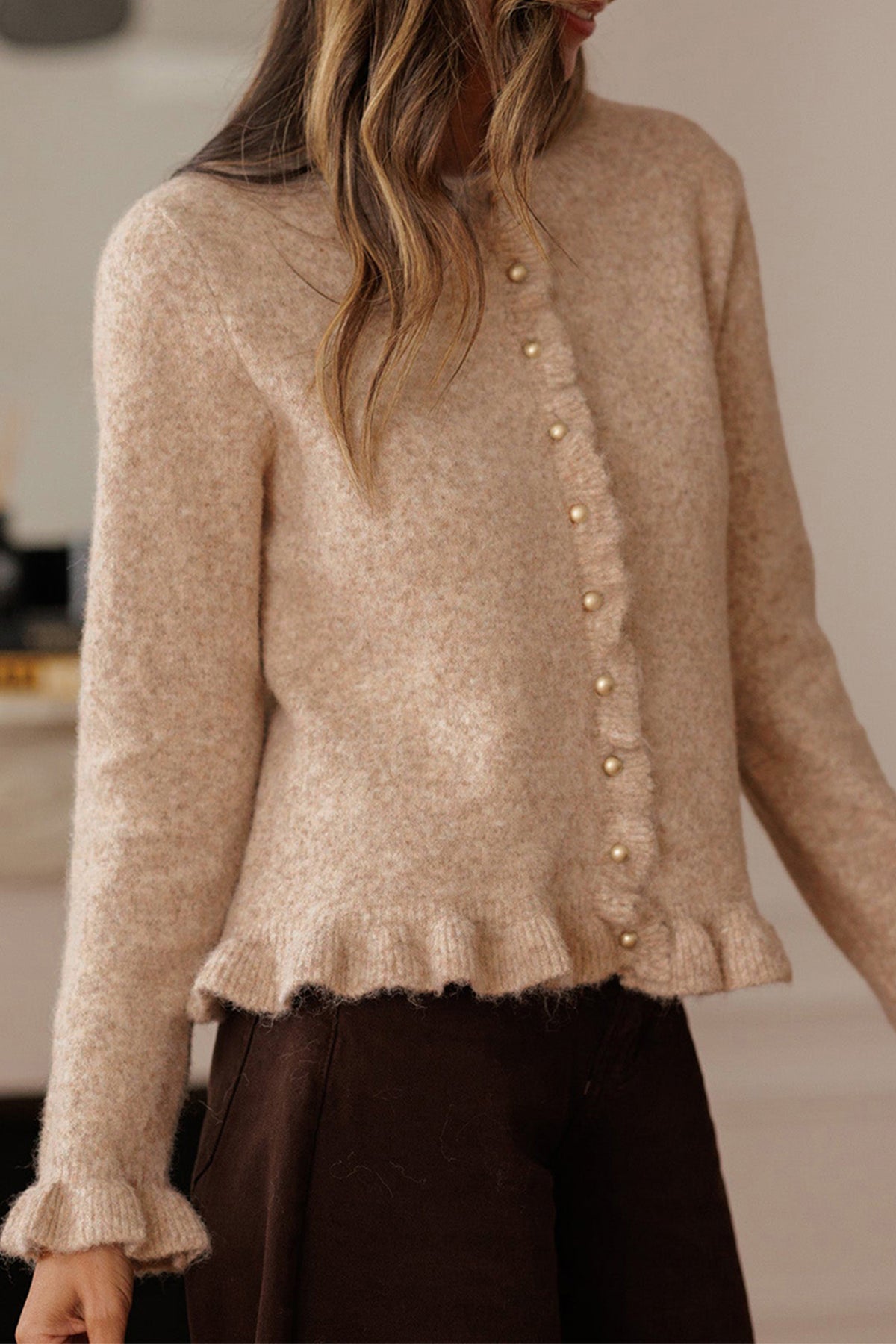 Oatmeal Ruffle Trim Gold Button Sweater Cardigan Online Only