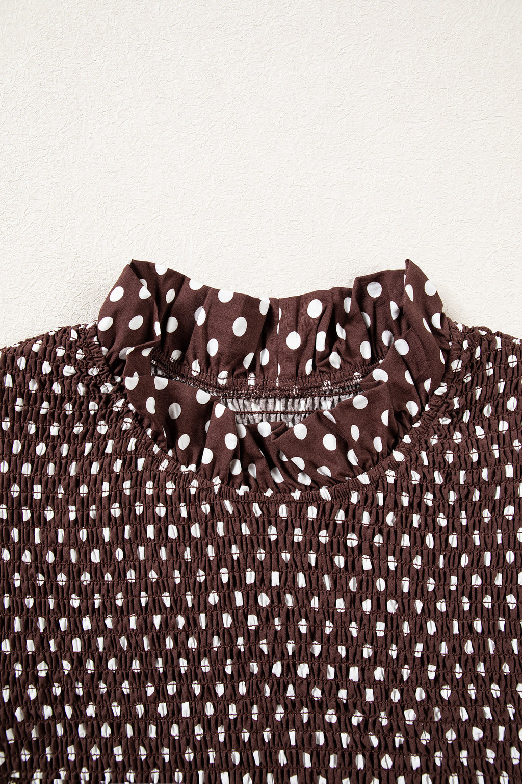 Brown Polka Dot Ruffled High Neck Shirred Ruffle Hem Blouse Online Only
